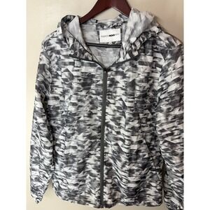Fashion Nova Men Geometric Abstract Print Hooded Windbreaker Jacket Grey Black M